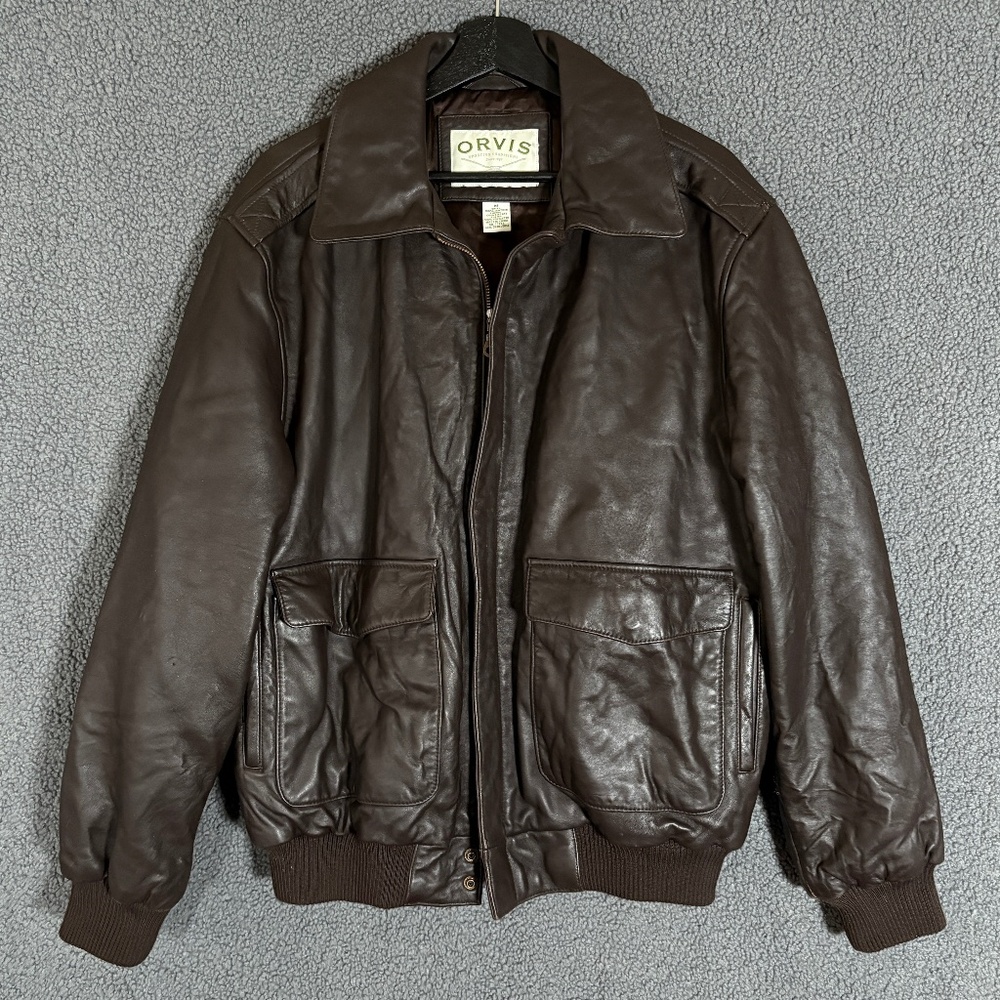 Orvis Leather Full Zip Bomber Jacket - Men's Size M - Brown
